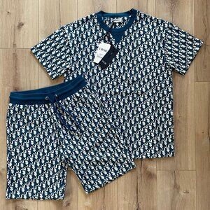LARGE DIOR MEN'S NAVY T-SHIRT SHORT SET COTTON